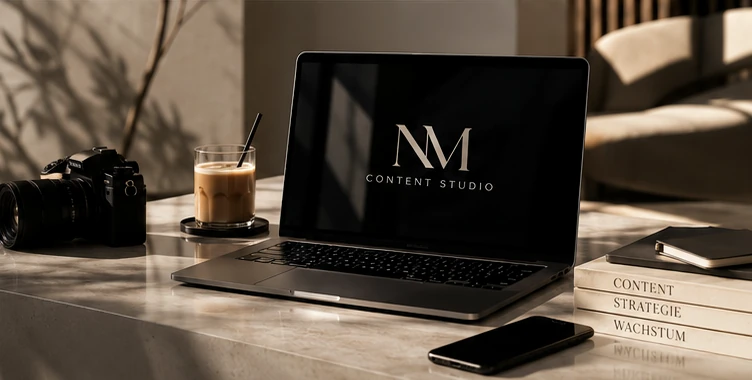 Hochwertiger Content-Studio-Arbeitsplatz mit Laptop und Kamera