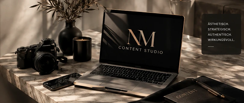 Eleganter Content-Arbeitsplatz mit Laptop, Kamera und Branding